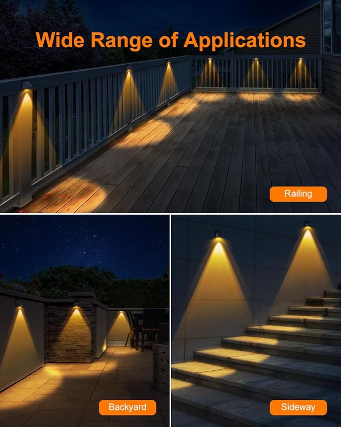 16 Pack Decorative Solar Powered Fence Lights Outdoor Waterproof with Warm White LED Spot Lens, for Outside Wall, Deck, Patio, Yard, Rail, Garage, Pool, Designed for Enhanced Security, Easy Install