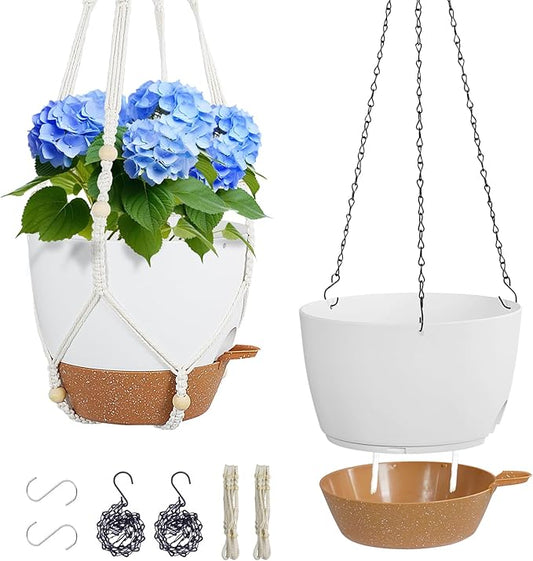 Self Watering Hanging Planters 10 inch, 2 Pack Hanging Baskets for Indoor Outdoor Plants, Hanging Flower Pots with Drainage Holes & 2 Kinds of Plant Hangers for Garden Home Décor, White Brown