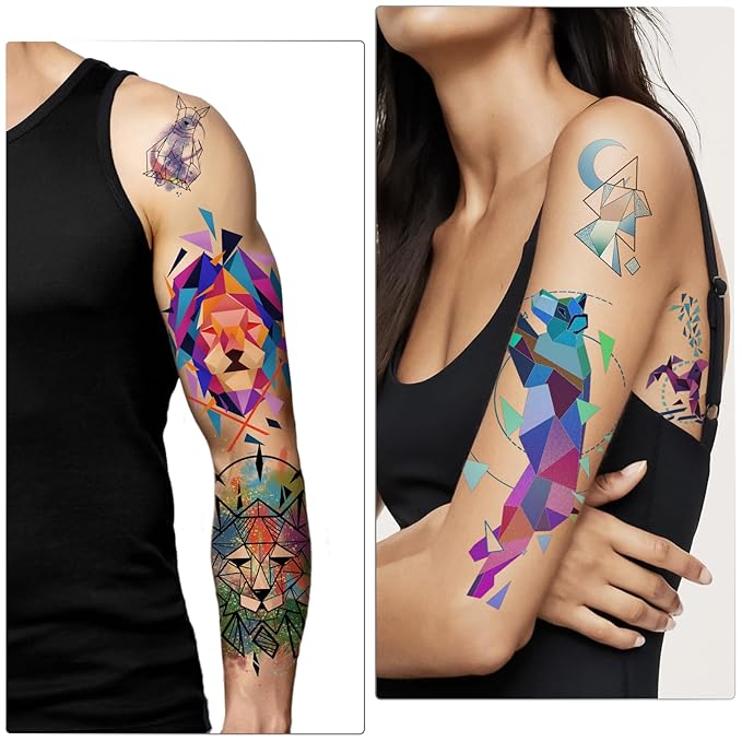 77 Sheets Geometric Animal Temporary Tattoo, 17 Sheets Half Arm 3D Lions Fox Wolf Owl Tiger Fake Tattoos for Adults Women Men, 60 Sheets Tiny Skull Cat Flower Tattoos Sticker for Kids Boy Girl