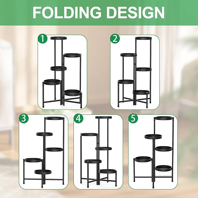 Plant Stand Indoor Outdoor,5 Tier Foldable Corner Tall Plant Shelf for Multiple Plants,Black Metal Tiered Plant Stand Sturdy and More Balanced,for Garden Patio Lawn Balcony