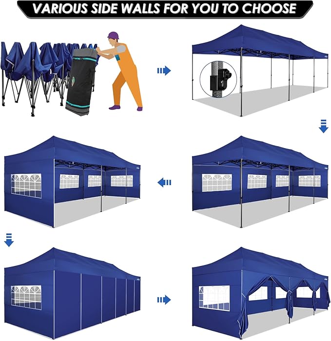 COBIZI 10x30 Pop up Canopy Tent 10x30 Canopy with Sidewalls, Heavy Duty Party Tent Tents for Parties, Foldable UPF 50+ Waterproof Commercial Easy up Canopy with Roller Bag, Navy Blue(Windproof)