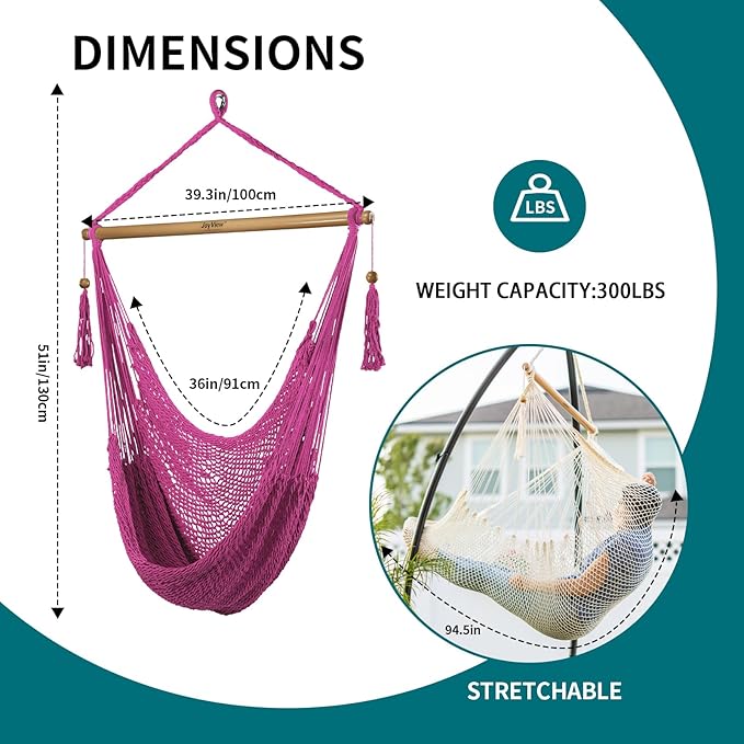 JoyView Hammock Chair with Spreader Bar Caribbean Hammock Swing Chair 300 LBS Weight Capacity XL Rope Hanging Chair for Outdoor Indoor Garden Yard - Pink