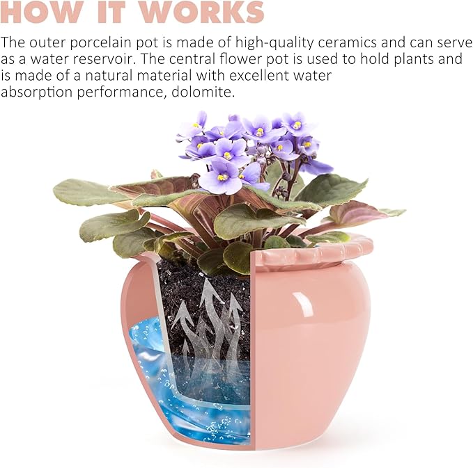Self Watering African Violet Flower Pot - Pink Ceramic Pot Maintenance, Indoor Plant Self Watering Seeder - 6.5 * 4.6 Inch High Absorption Plant Inner Flower Pot