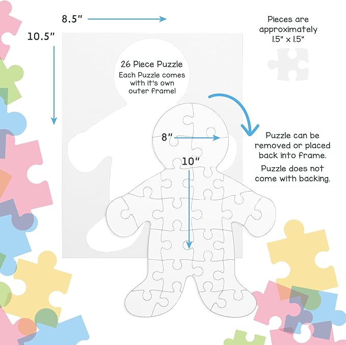 Hygloss 100 Blank Person-Shaped Puzzles – 8.5 x 10.5 Inches – Ideal for All-About-Me Activities – Write, Draw, and Decorate – 26 Pieces Each