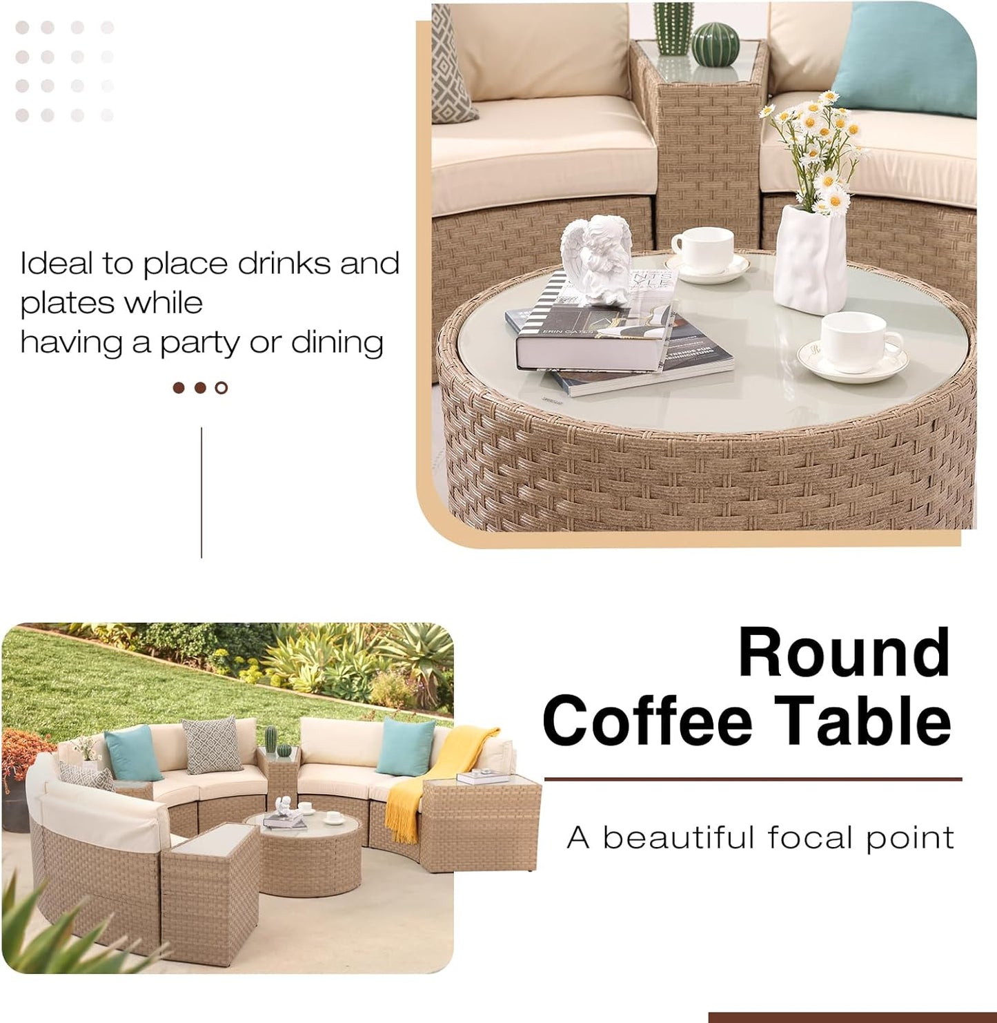 SUNSITT Outdoor Patio Furniture 11-Piece Half-Moon Sectional Round Patio Furniture Set Curved Outdoor Sofa with Tempered Glass Round Coffee Table, 4 Pillows, Natural Color Rattan