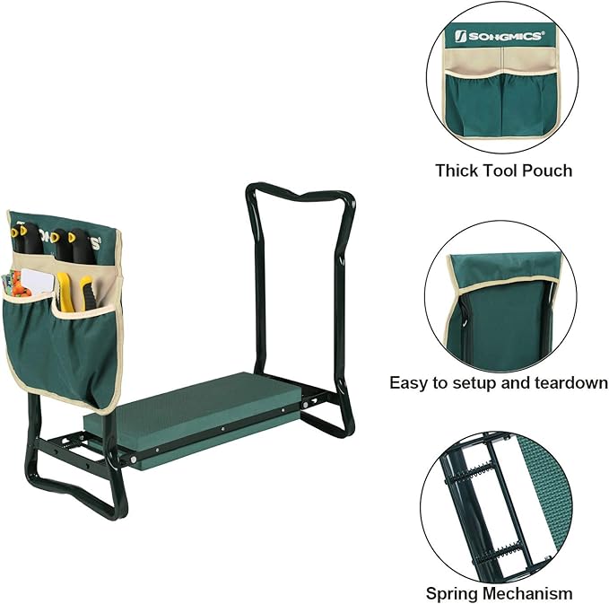 SONGMICS Garden Kneeler and Seat, Multifunctional Garden Kneeling Bench, Gardening Gifts for Women Men, Folding Gardening Stool, with 1 Tool Bag, 6-Inch Wide Kneeling Pad, Dark Green UGGK49L