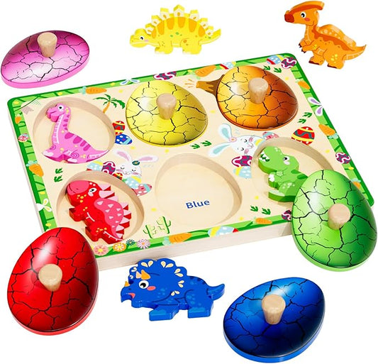 Wooden Puzzles for Toddlers 18+ Months, Dinosaur Egg Shape Puzzle for Boy Girl, Montessori Shapes Sorter Board Puzzle for 1 2 Year,Preschool Learning Toys for Baby Kids