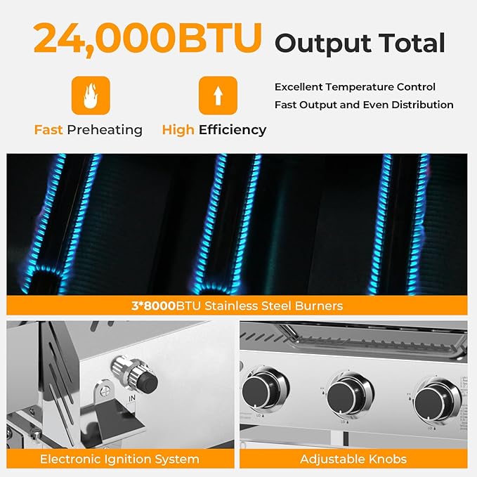 R.W.FLAME Stainless Steel Propane Gas Grill, 3 Burner 24000BTU BBQ Grills, Foldable Side Table, Enamel Wire Grate, Removable Grease Tray, Barbecue Grill for Outdoor Cooking, Backyard, Patio, Deck