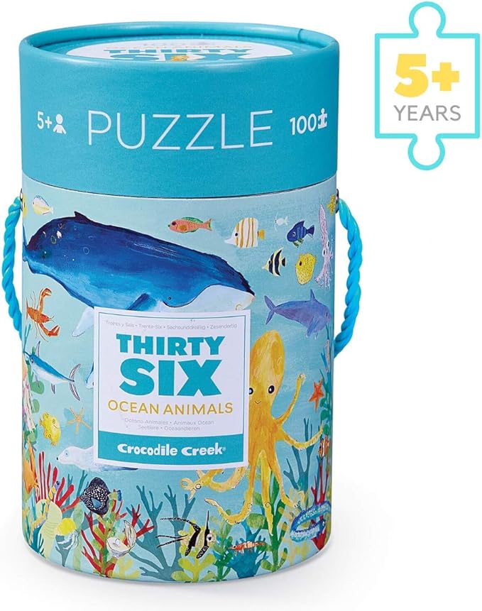 Crocodile Creek 100-Piece Jigsaw Puzzle for Kids Ages 5 and Up - Fun and Educational Table or Floor Puzzles - Storage Canister with Handle - Ocean Animals - 14” x 19” Finished