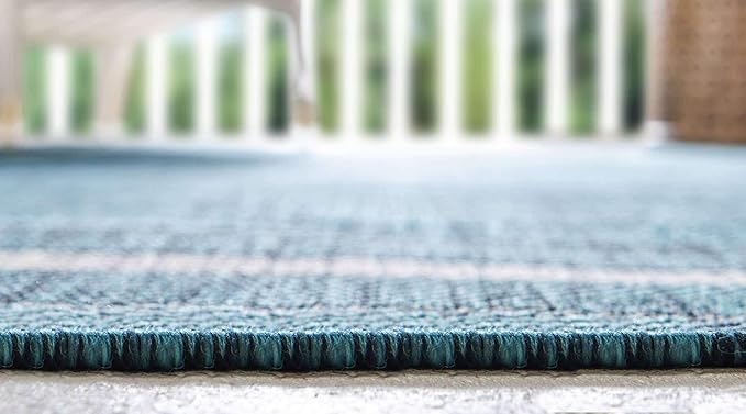 Unique Loom Outdoor Border Collection Area Rug - Soft Border (8'x 11' 4" Rectangle, Teal/ Ivory)
