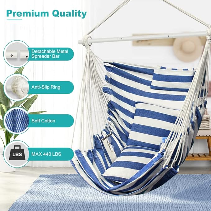 Hammock Chair, Hanging Chair with 3 Cushions and Foot Rest Support, Sturdy Metal Spreader Bar Max 440 Lbs, Swing Chair for Bedroom, Indoor & Outdoor, Patio, Porch or Tree（Blue and White）