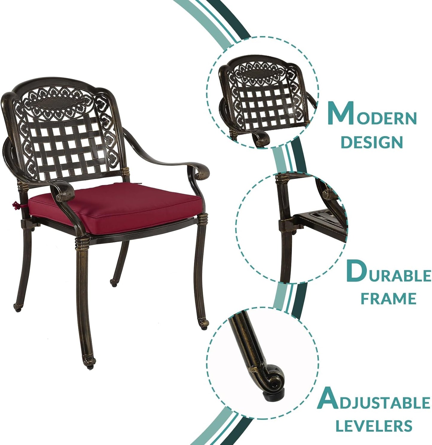 MEETWARM 3 Piece Patio Bistro Set, Outdoor All-Weather Cast Aluminum Dining Furniture Set Includes 2 Chairs with Cushions and a 35.4” Round Table with Umbrella Hole for Garden Deck, Chili Red