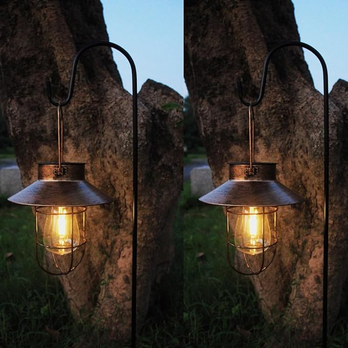 2 Pack Solar Lanterns, Outdoor Hanging Lights Metal with Shepherd Hook Warm White Edison Bulb Design for Garden and Birthday Gifts for Mom Grandma Wife ( Copper)