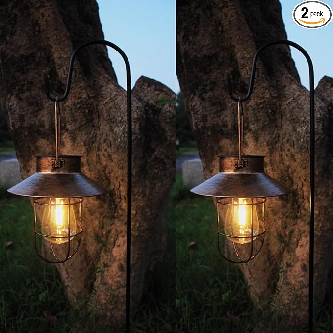 2 Pack Solar Lanterns, Outdoor Hanging Lights Metal with Shepherd Hook Warm White Edison Bulb Design for Garden and Birthday Gifts for Mom Grandma Wife ( Copper)