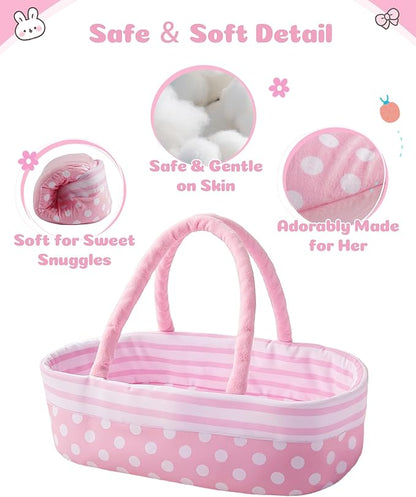 BABESIDE 8 Pcs Baby Doll Accessories, Reborn Baby Dolls Clothes with Bassinet for 17-22 Inch Baby Dolls, Outfit fit Newborn Babies Doll Girl, Babies Pretend Play Set