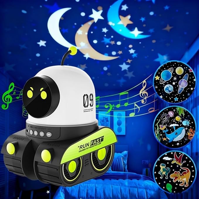 Kids Cartoon Projector Lamp, Cartoon Robot Car Projection Lamp, Rechargeable Robot Night Light with Music, Universe Starry Sky Rotate LED Animal Holiday Room Decor, 21 Discs(1pc)