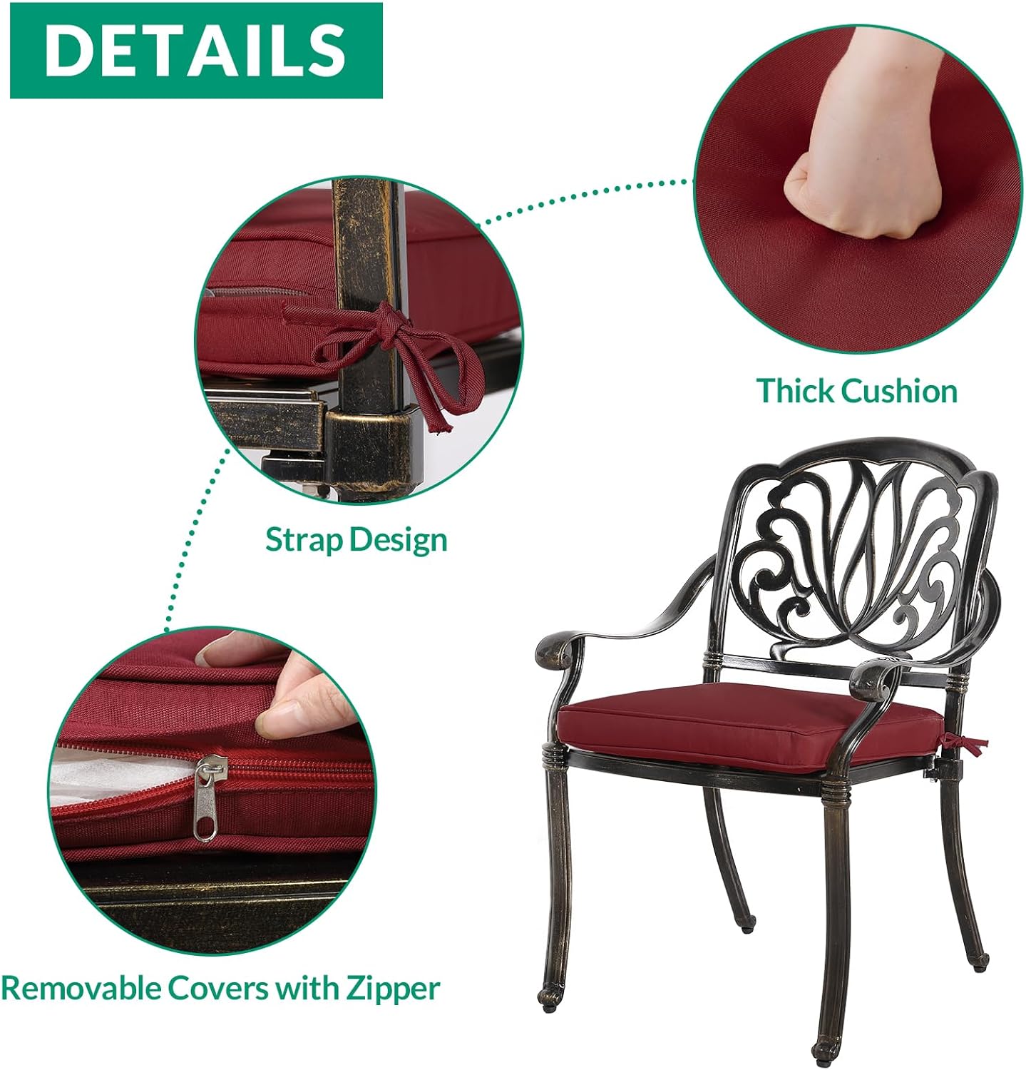 VIVIJASON 3-Piece Patio Bistro Set, All-Weather Cast Aluminum Outdoor Furniture Dining Set, Include 2 Cushioned Chairs and 31" Round Table w/Umbrella Hole for Balcony, Lawn, Backyard, Red Cushion