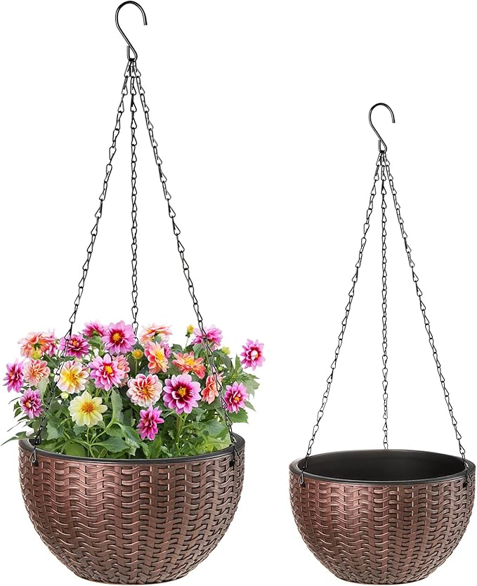 Foraineam 2-Pack Dual-pots Design Hanging Basket Planters Self-Watering Indoor Outdoor Plant & Flower Hanging Pots with Drainer and Chain, 2 Size Assorted