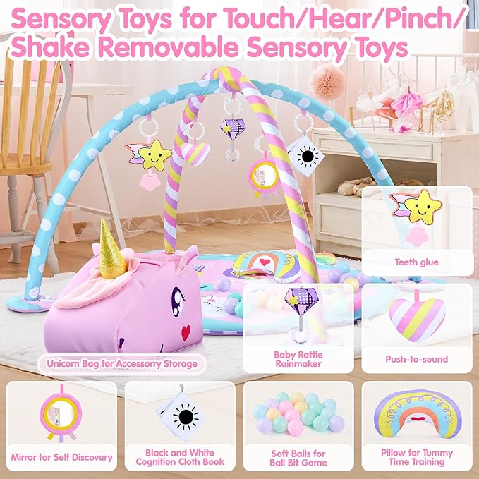 Baby Play Mat & Activity Mat - Baby Play Gym Tummy Time Mat with 6 Detachable Sensory Toys for Motor Skills Development, Newborn Baby Toys 0-6-12 Months Essentials Gift Playmats