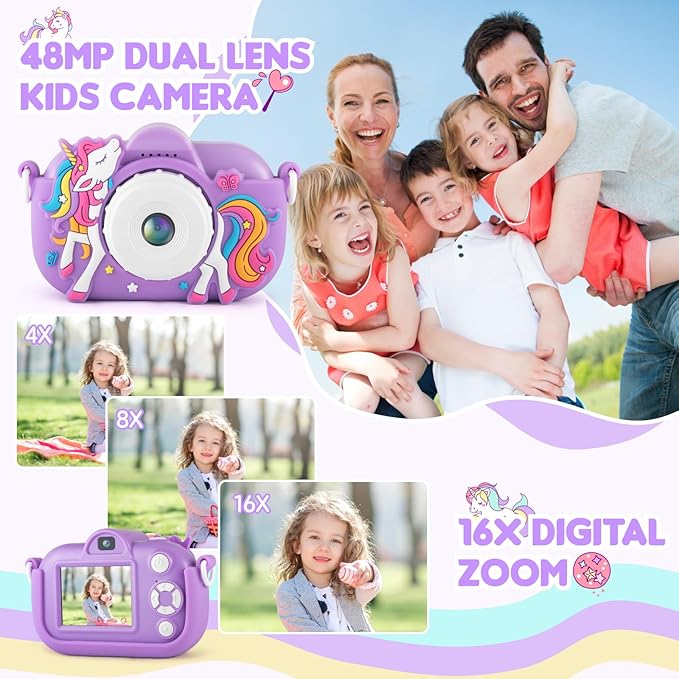 Kids Camera Toddler Toys for 3 4 5 6 7 8 Years Old Girls, 48MP HD Dual Lens Selfie Camera for Kids, 1080P HD Video Kids Digital Camera for Age 3-9 Christmas Birthday Gifts with 32G SD Card