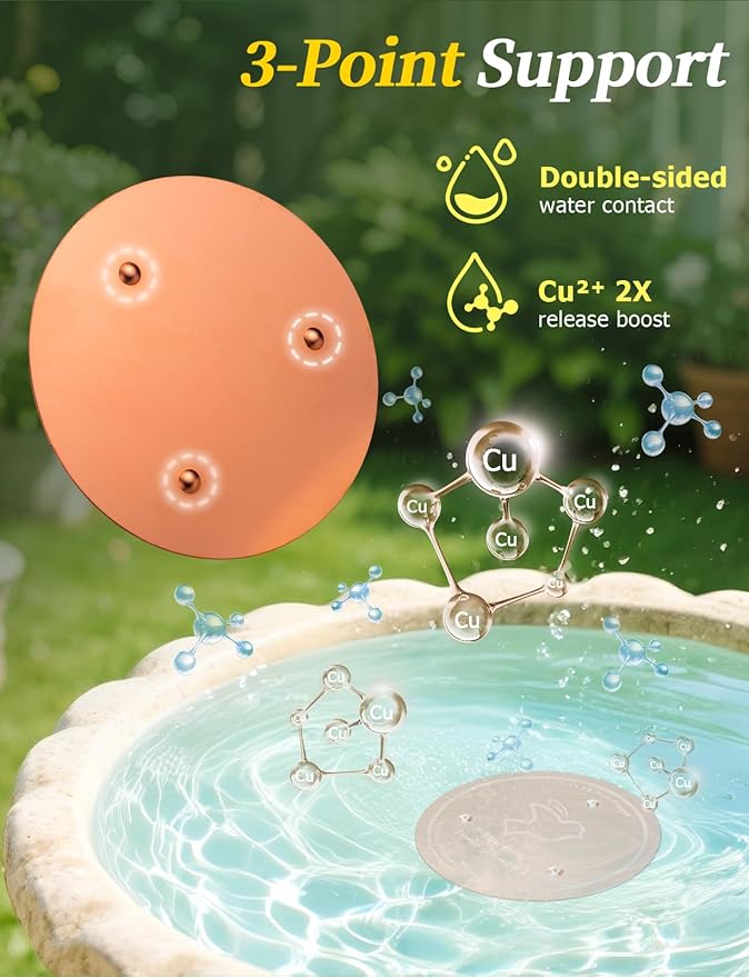Mellbree 2-Pack Bird Bath Copper Disk, 0.6mm Reinforced 99.99% Pure Copper Cleaning Disk with Triple-Point Support for Physical Safe Clean Water All-Season, Universal Fit for Outdoor Birdbaths, Bowl