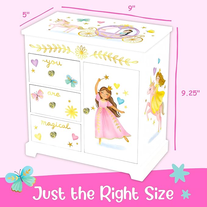 Giggle & Honey Princess Musical Jewelry Box for Girls - Kids Music Box with Drawers, Fairytale Gifts for Girls Birthday, Princess Jewelry Boxes for Ages 3-10 - 9 x 5 x 9.3 in, White