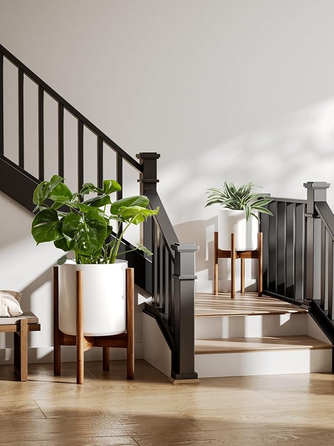 LE TAUCI 12 Inch Plant Pot with Acacia Wood Stand, Large Ceramic Planter for Indoor Plants, Mid-Century Modern Home Decor, Round Flower Pot with Drainage Hole and Adjustable Plant Stand, White