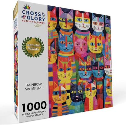 Cross & Glory - Rainbow Whiskers - 1000 Piece Jigsaw Puzzle for Adults | Whimsical Cat | Satin Finish for Reduced Glare