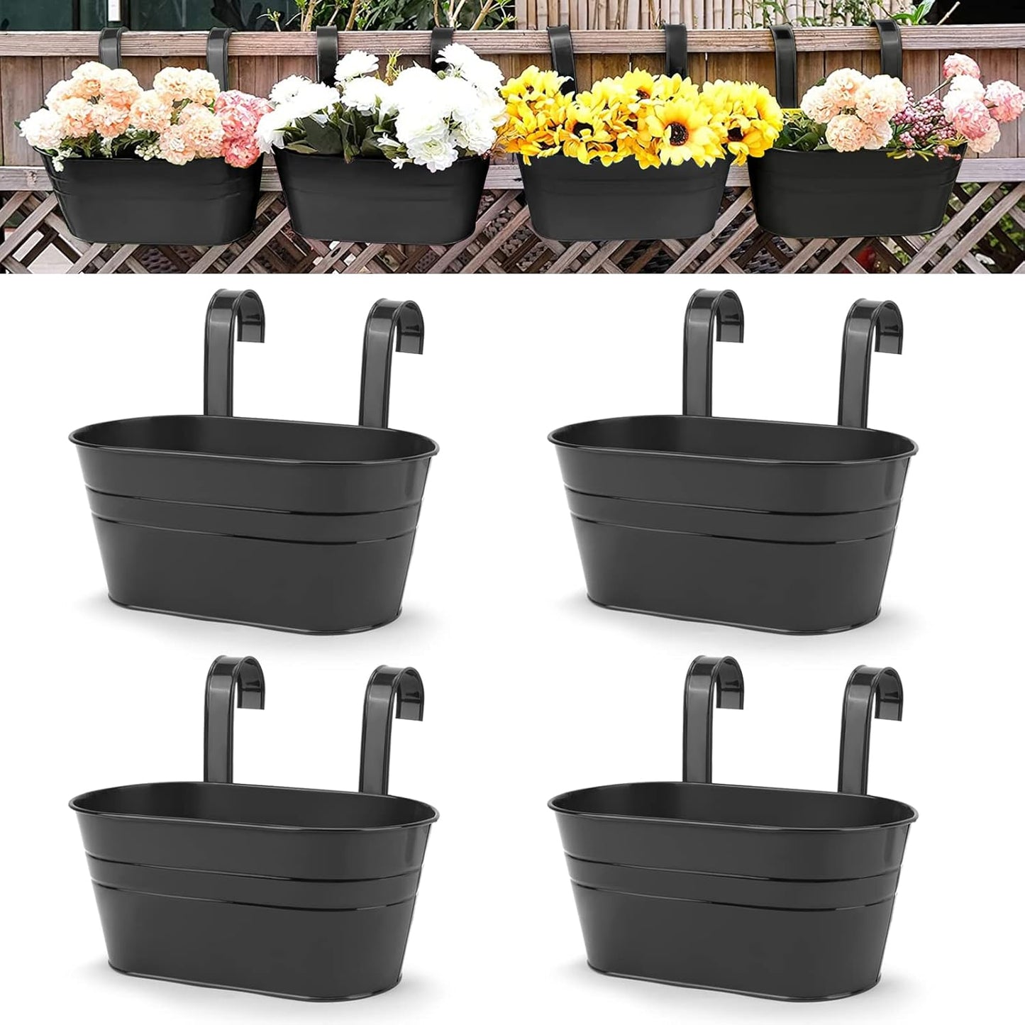 OGIMA 4pcs Hanging Flower Pots, Metal Iron Wall Planter Indoor/Outdoor for Railing Fence Balcony Garden Home Decoration with Detachable Hooks