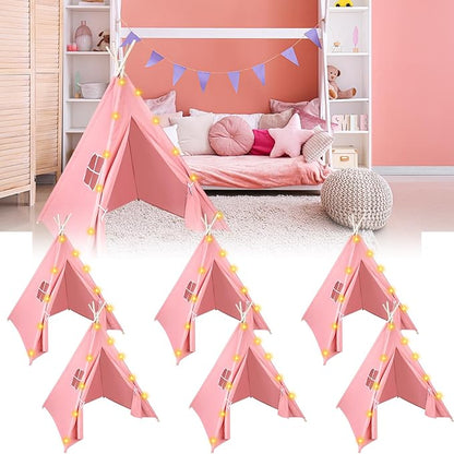 6 Packs Pink Teepee Tent for Kids with 10FT String Lights, Indoor Outdoor Play Teepee Tent for Girls & Boys, Foldable Tents for Birthday Party Boho Sleepovers Party Pajama Party