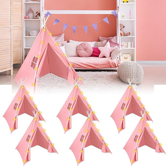 6 Packs Pink Teepee Tent for Kids with 10FT String Lights, Indoor Outdoor Play Teepee Tent for Girls & Boys, Foldable Tents for Birthday Party Boho Sleepovers Party Pajama Party