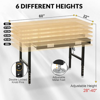 60" Workbench for Garage with Drawers Rubberwood Tabletop Work Table with Pegboard, Power Outlets Adjustable Height Work Bench for Office, Woodworking Shop, Home
