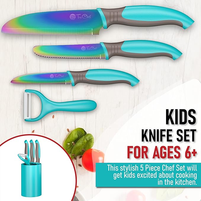 5-Piece Kids Cooking Chef Knife Set | Real Stainless Steel Knives with Peeler, Serrated Knife & Holder | Kids Safe Rounded Tips, Easy-Grip Handles | Kitchen Knife Set (5 pcs, Aqua)