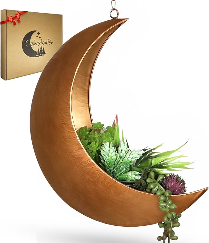 Gold Hanging Moon Planter – with Drain Holes - Moon Room Decor - Unique Planters for Succulents,Air Plant, Cactus, Artificial Plants- Plant Lover Gifts - Boho,Hippie, Birthdays,Witchy Gifts for Women