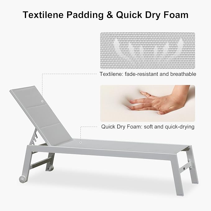 PURPLE LEAF Outdoor Chaise Lounge Set Oversize Adjustable Sunbathing Recliner Extra Wide Lounge Chairs with Side Table for Poolside Beach Outside Patio Aluminum Chaise Lounger Cream 2 Sets