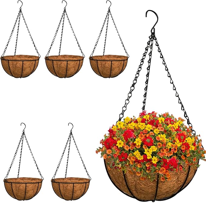 ZeeDix 6 Pack 12 Inch Metal Round Hanging Planter Basket with Coconut Liners Replacement, Hanging planters Baskets with Natural Coco Liner for Outdoor Indoor Planters Flowers Vegetables