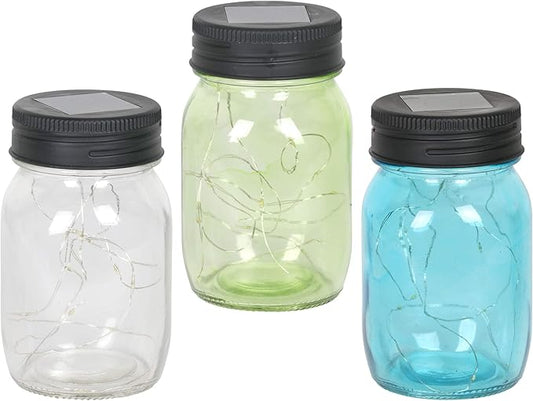 Exhart Solar Mason Jars, Set of 3 Glass Outdoor Garden Lanterns with Lids, 12 LED Firefly Lights, Lawn and Yard Decorations, 3.5 x 5.5 Inch