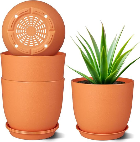 8 inch Plant Pots Set of 4 Pack, Plastic Planters with Drainage Holes and 4 Saucers, Morden Decorative Creation Flower Pots for Indoor & Outdoor Garden House Plants, Orange