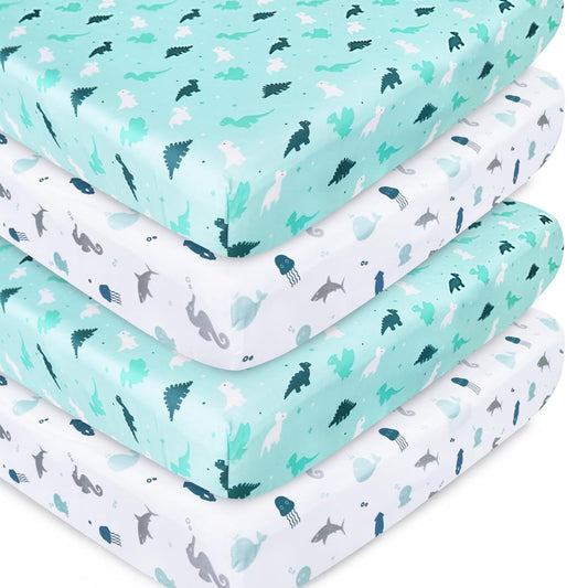 Crib Sheets for Boys or Girls 4-Pack, Fitted Crib Sheet 52'' x 28'' for Standard Crib & Toddler Mattress, Soft and Breathable Material, Baby Crib Sheets Neutral, Aqua