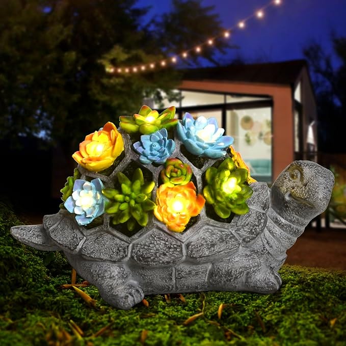 SIX FOXES Solar Garden Outdoor Statues Turtle with Succulent LED Lights - Large Size XXL(10.2×4.3×5.9 inches), Gifts for Mothers Day Mom Gifts for Women Grandma Wife