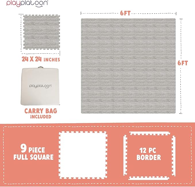 Play Platoon Large Kids Mats for Floors, 9 Tile 72 x 72 inch, Non-Toxic with Extra-Thick Interlocking Tiles, 24 x 24 in. Puzzle Mat Pieces with Border, Neutral Playmat Rug for Toddlers & Children
