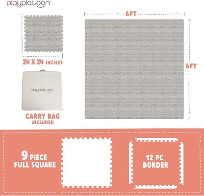 Play Platoon Large Kids Mats for Floors, 9 Tile 72 x 72 inch, Non-Toxic with Extra-Thick Interlocking Tiles, 24 x 24 in. Puzzle Mat Pieces with Border, Neutral Playmat Rug for Toddlers & Children