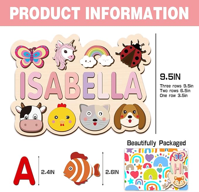 Personalized Name Puzzle for Kids, Customized Wooden Name Animal Puzzle, Baby Gifts, Baby Shower, Montessori Learning Toddler Toys