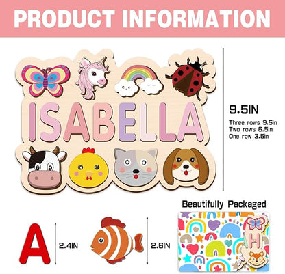 Personalized Name Puzzle for Kids, Customized Wooden Name Animal Puzzle, Baby Gifts, Baby Shower, Montessori Learning Toddler Toys