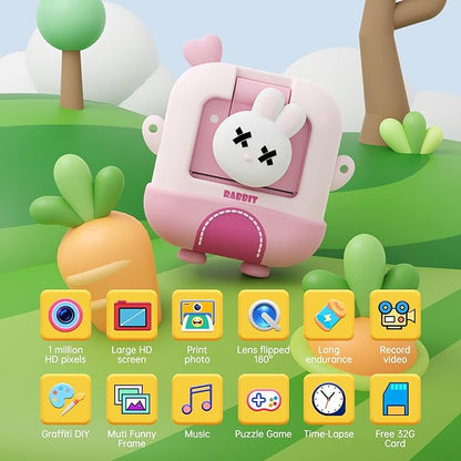 Kids Camera Instant Print with Cartoon Silicone Cover, Digital Mini Camera for 3 4 5 6 7 8 9 10 11 12 Year Old Boys Girls Birthday Chirstmas Toys Gifts - Personal Video Players (Bunny Pink)