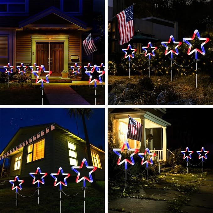 4 Pack Red White and Blue Solar Light Outdoor, 4th of July Decorations Patriotic Lights with Big LED Neon Star, Garden Stake Pathway Lights with 8 Modes for Independence Day Memorial Day Decor