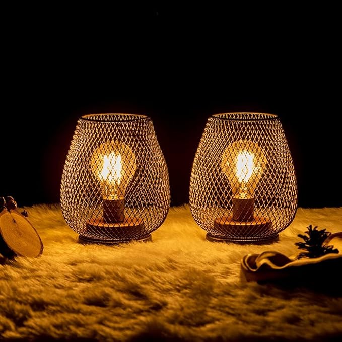 DECORKEY Set of 2 Battery Operated Lamp LED Table Lantern, Brown Metal Cage Cordless Lamps with LED Bulb，Vintage Decorative Outdoor Lantern for Weddings, Parties, Patio, Events for Indoors Shelf Decor