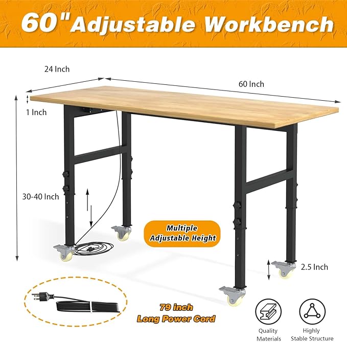 60"x24" Adjustable Workbench with Wheels, Solid Wood Top Work Bench, 2000 LBS Heavy-Duty Worktable with Power Outlets, Portable Work Station for Repair Shop, Workshop, Office