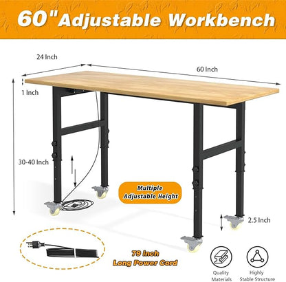 60"x24" Adjustable Workbench with Wheels, Solid Wood Top Work Bench, 2000 LBS Heavy-Duty Worktable with Power Outlets, Portable Work Station for Repair Shop, Workshop, Office