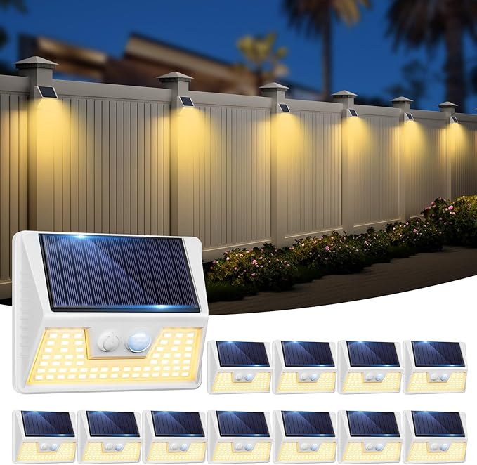 12 Pack Solar Lights Outdoor Motion Sensor, Waterproof Fence Lights with 3 Lighting Mode, Warm White LED Deck Lights for Outside Wall Yard Steps Stairs Garden - White